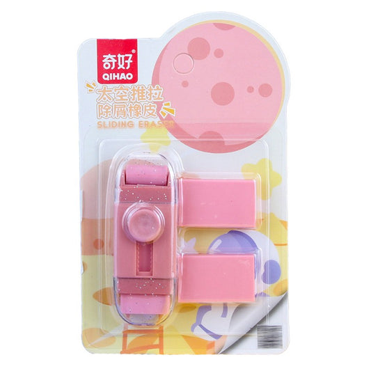 Radiera Retractabila, Flippy, Model Astronaut Push-Pull pentru elevii, Radiera de tip Push, Doua Radiere de Rezerva in set, Roz