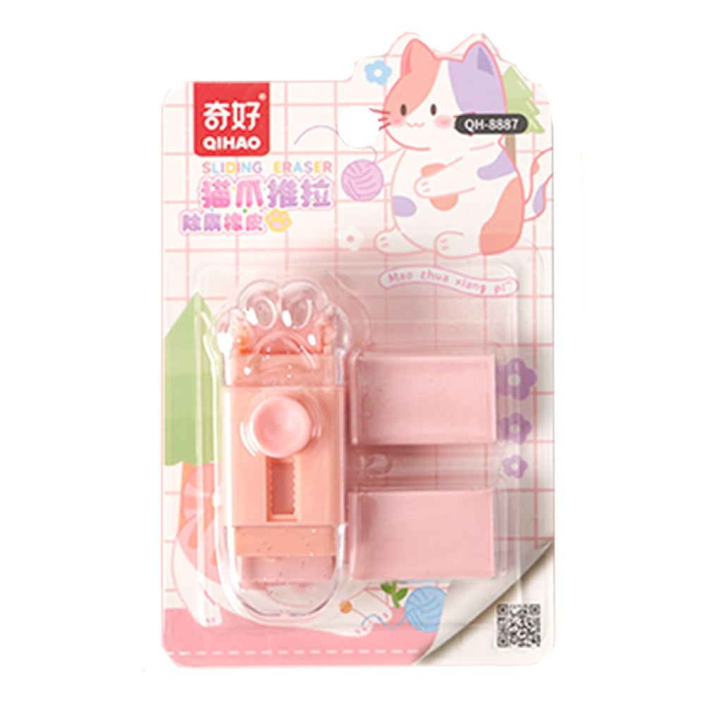 Radiera Retractabila, Flippy, Model Pisica Push-Pull pentru elevii, Radiera de tip Push, Doua Radiere de Rezerva in set, Roz Pal