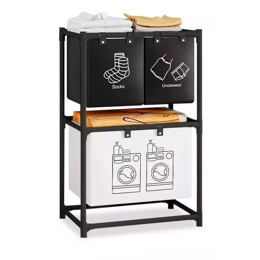 Cos de Rufe, Flippy, cu 2 Etaje, Flippy, 3 Cosuri, Cadru de Otel Inoxidabil, 97x28x57 cm, Negru