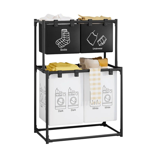 Cos de Rufe, Flippy, cu 2 Etaje, 4 Cosuri, Cadru de Otel Inoxidabil, 97x44x57 cm, Negru