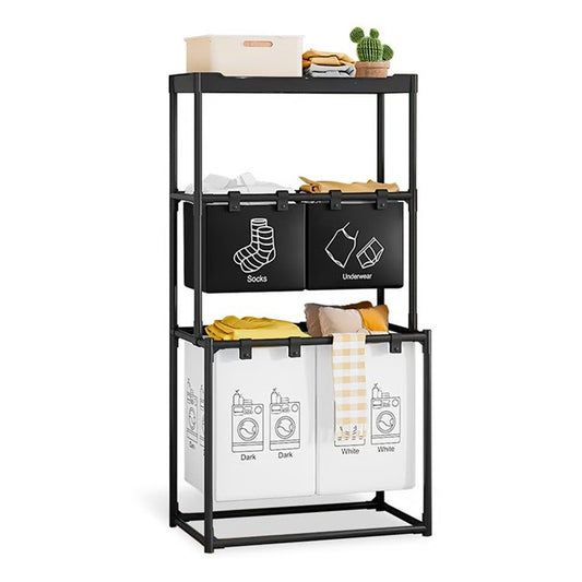 Cos de Rufe, Flippy, 3 Rafturi, 4 Cosuri, Cadru de Otel Inoxidabil, 123x44x57 cm, Negru