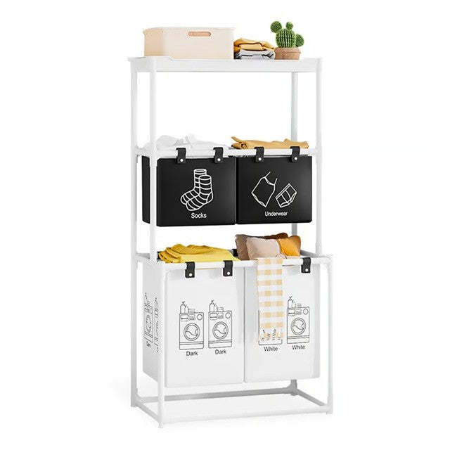 Cos de Rufe, Flippy, 3 Rafturi, 4 Cosuri, Cadru de Otel Inoxidabil, 123x28x57 cm, 123x44x57 cm, Alb