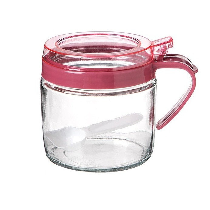 Recipient Condimente, Flippy, din Stilca, 180 ml, cu Maner si Lingurita, 8 x 9 cm, Capac Transparent, Roz