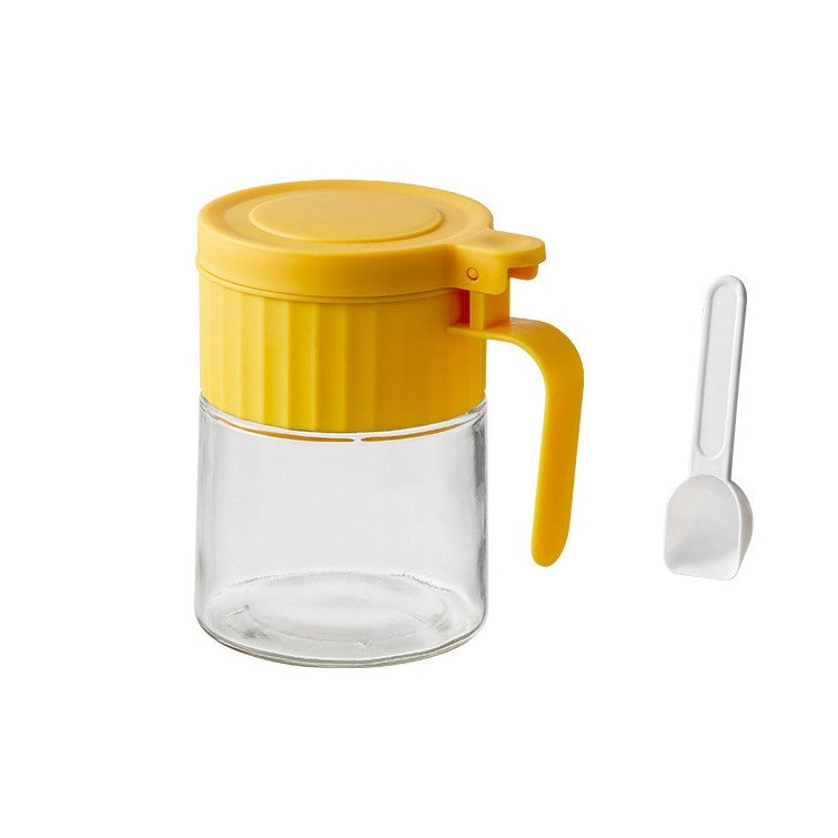 Recipient Condimente, Flippy, din Stilca, 180 ml, cu Maner si Lingurita, 10.6 x 7 x 7 cm, Capac Mat, Galben