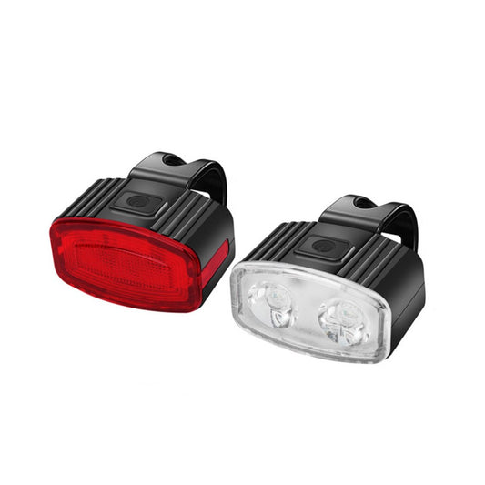 Set far si stop spate LED bicicleta, Flippy, incarcare USB, rezistent la apa, 4 moduri de luminare, Plastic, Alb/Rosu, 10x6x4 cm