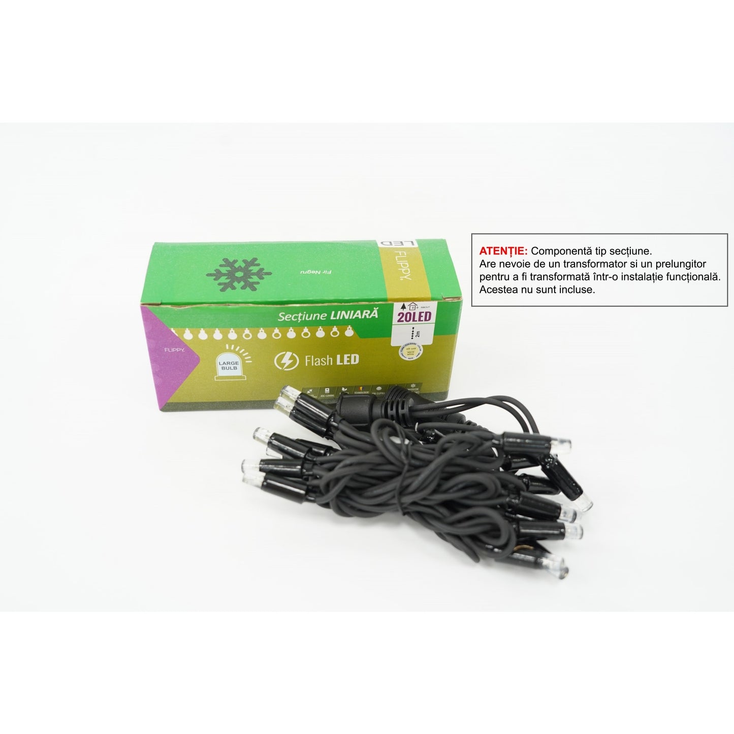 Instalatie de Craciun, Flippy®, Sectiune 2 m, Tip Liniara, 20 LED-uri, Fara Transformator, IP44, cu Flash, Interconectabila, Alb Cald