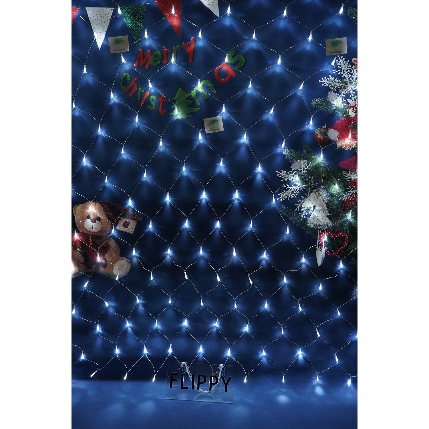 Instalatie de Craciun, Flippy®, Sectiune 2 x 2 m, Tip Plasa, 160 LED-uri, Fara Transformator, IP44, 8 Jocuri de Lumini, Interconectabila, Fir Transparent, Alb Rece