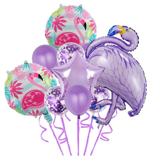 Set Baloane party aniversare, Flippy, din Folie de aluminiu si Latex, set din 10 baloane Flamigo Party, 1 stea, 5 baloane latex, 2 rotunde, 60 -90 cm, Mov