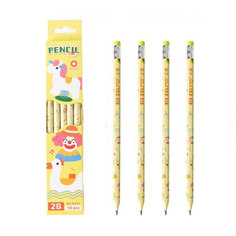 Set 10 Creioane Negre, Flippy, 2B, pentru Elevi Scoala, cu Radiera, Model Galben cu Circ