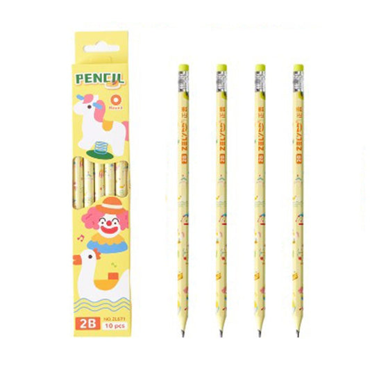 Set 10 Creioane Negre, Flippy, 2B, pentru Elevi Scoala, cu Radiera, Model Galben cu Circ