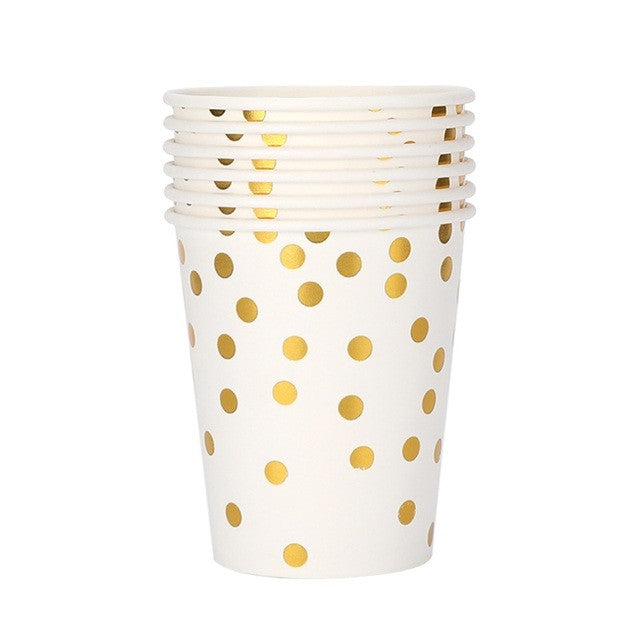 Set 10 Pahare, Flippy, Imprimeu cu Buline, din Carton, 250 ml, 7.5 x 8.5 x 5.2 cm, Auriu