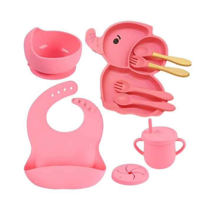 Set 10 Piese Servire Masa. Flippy, pentru Bebelusi si Copii, din Silicon/Lemn, cu Ventuze Anti-alunecare, fara Alergeni. +6 Luni, Model Elefant, Roz