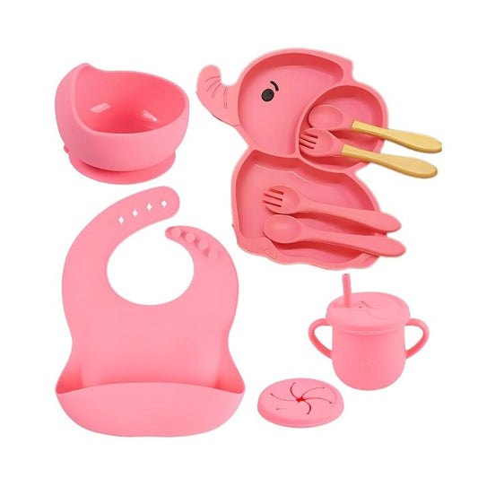 Set 10 Piese Servire Masa. Flippy, pentru Bebelusi si Copii, din Silicon/Lemn, cu Ventuze Anti-alunecare, fara Alergeni. +6 Luni, Model Elefant, Roz