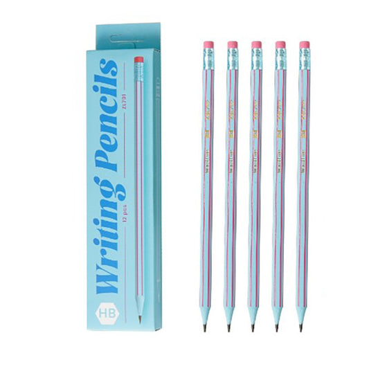 Set 12 Creioane Negre, Flippy, HB, pentru Scoala, cu Radiera, Model Albastru Deschis-Roz, 19 cm