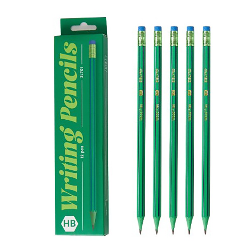 Set 12 Creioane Negre, Flippy, HB, pentru Scoala, cu Radiera, Model Verde-Albastru, 19 cm