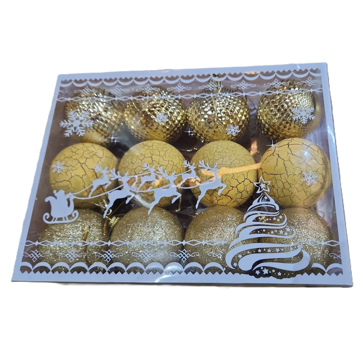 Set 12 Globuri de Craciun, Flippy, pentru Brad, Model cu Glitter, Lucioase si Mate, Auriu