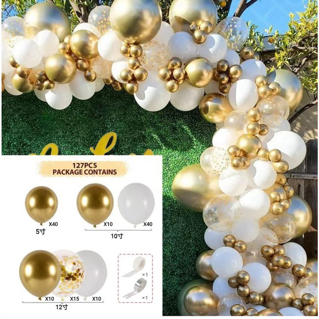 Baloane pentru Arcada decorativa, Flippy, Set 127 baloane din Latex, Model Petrecere pentru Arcada, Baloane Party, 12 cm, 25 cm, 30 cm, Alb Gold
