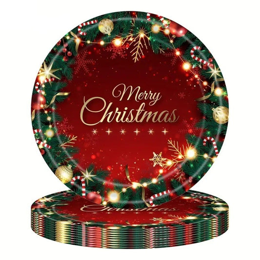 Set 16 Farfurii de Unica Folosinta, Flippy, Model Merry Christmas, Tematica Craciun, 23 cm, Rosu/Verde