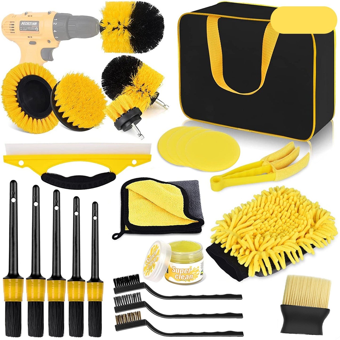 Set 23 Accesorii pentru Curatare Auto, Flippy, din PP si Microfibra, Interior/Exterior, 30 x 24 x 12 cm, Galben/Negru