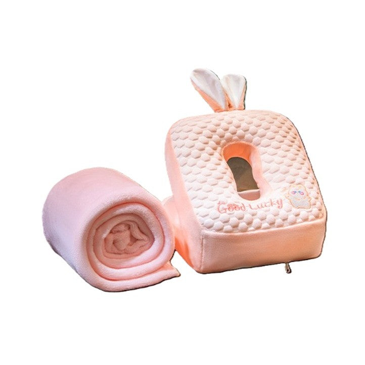 Set 2in1 Patura Microfibra si Perna din Spuma, Flippy, pentru Birou, Calatorii, Pauze, Model Iepuras, Microfibra, 1x1.7 m, 30x35x30 cm, Roz