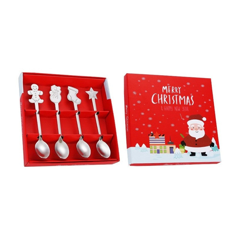 Set 4 Lingurite, Flippy, Tema Craciun, din Otel Inoxidabil, 4 Modele Festive, Cutie Cadou, 14 x 14 x 2.5 cm, Argintiu