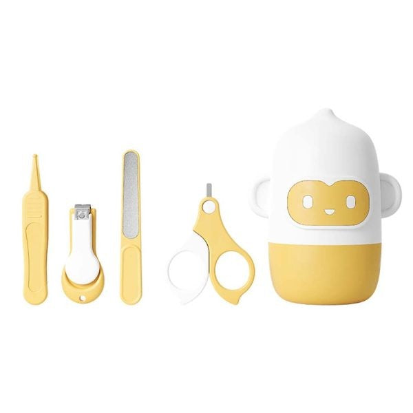 Set 4 Piese Ingrijire Unghii Bebelusi, Flippy, din ABS+Otel Inoxidabil, Cutie de Depozitare Tip Maimuta, de la 0 Luni, Galben