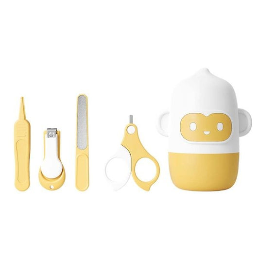 Set 4 Piese Ingrijire Unghii Bebelusi, Flippy, din ABS+Otel Inoxidabil, Cutie de Depozitare Tip Maimuta, de la 0 Luni, Galben