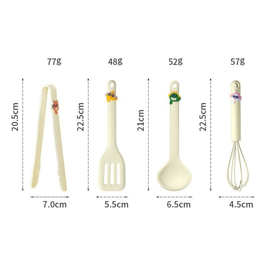 Set 4 Ustensile de Bucatarie, Flippy, pentru Copii, din Silicon, Termorezistente, Design Animat, 13 x 24 x 5 cm, Bej