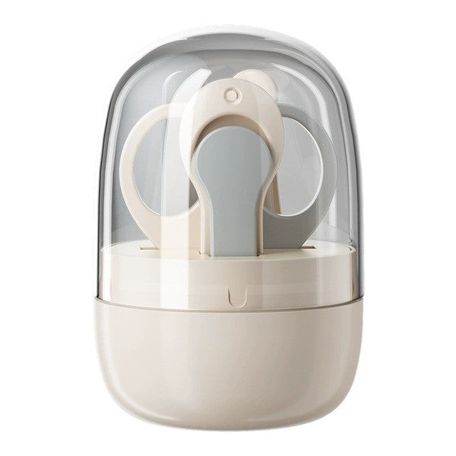 Set 4in1 de Ingrijire Unghii pentru Bebelusi, Flippy, Cutie de Depozitare Tip Borcan, 0-6 Ani, 10 x 7 x 6 cm, Alb/Gri