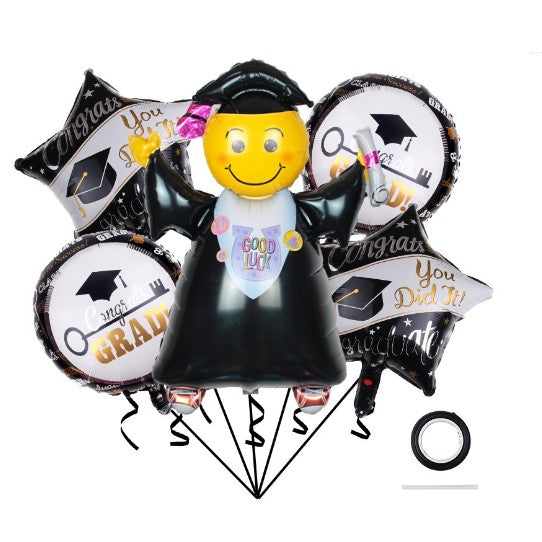 Baloane cu tematica Absolvire, Flippy, set din 5 baloane, 1 Figurina Absolventa, 2 stele, 2 rotunde, din folie de aluminiu, 70 x 40 cm, Aer si Heliu, Alb Negru