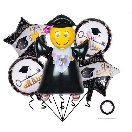 Baloane cu tematica Absolvire, Flippy, set din 5 baloane, 1 Figurina Absolventa, 2 stele, 2 rotunde, din folie de aluminiu, 70 x 40 cm, Aer si Heliu, Alb Negru