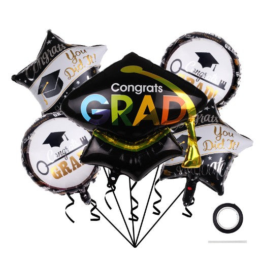 Baloane cu tematica Absolvire, Flippy, set din 5 baloane, 1 Figurina Toca, 2 stele, 2 rotunde, din folie de aluminiu, 70 x 40 cm, Aer si Heliu, Alb Negru