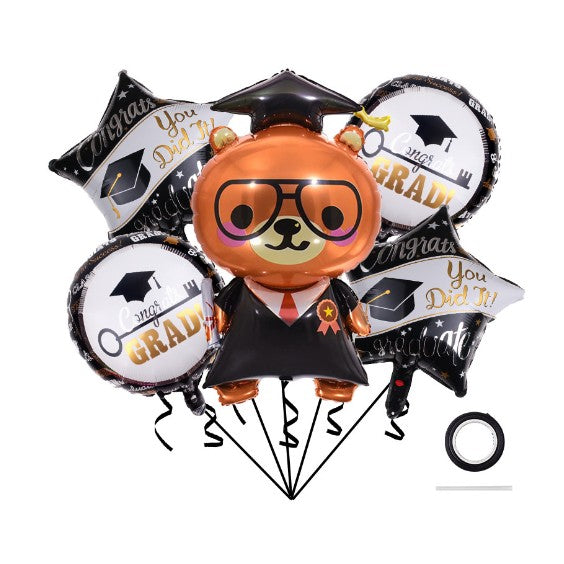 Baloane cu tematica Absolvire, Flippy, set din 5 baloane, 1 Figurina Ursulet, 2 stele, 2 rotunde, din folie de aluminiu, 70 x 40 cm, Aer si Heliu, Alb Negru