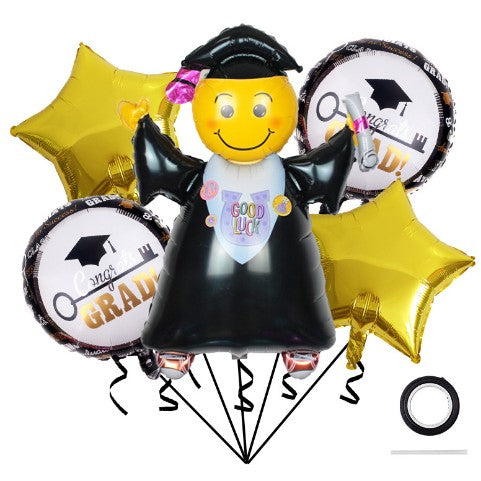 Baloane cu tematica Absolvire, Flippy, set din 5 baloane, 1 Figurina Absolventa, 2 stele, 2 rotunde, din folie de aluminiu, 70 x 40 cm, Aer si Heliu, Auriu Negru