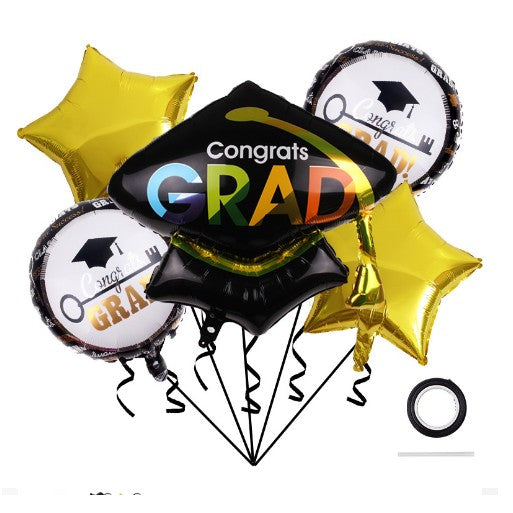 Baloane cu tematica Absolvire, Flippy, set din 5 baloane, 1 Figurina Toca, 2 stele, 2 rotunde, din folie de aluminiu, 70 x 40 cm, Aer si Heliu, Auriu Negru