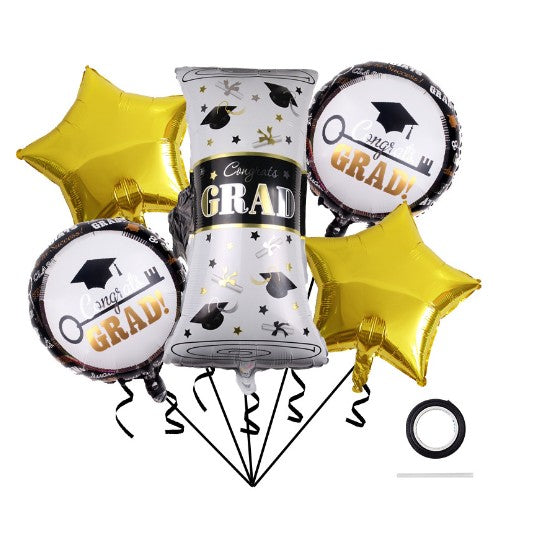 Baloane cu tematica Absolvire, Flippy, set din 5 baloane, 1 Figurina Diploma, 2 stele, 2 rotunde, din folie de aluminiu, 70 x 40 cm, Aer si Heliu, Auriu Negru