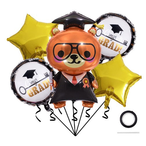 Baloane cu tematica Absolvire, Flippy, set din 5 baloane, 1 Figurina Ursulet, 2 stele, 2 rotunde, din folie de aluminiu, 70 x 40 cm, Aer si Heliu, Auriu Negru