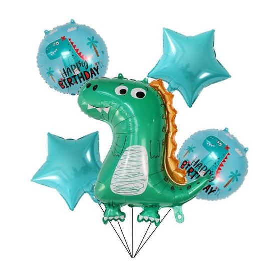 Set 5 Baloane folie de aluminiu, Flippy, Figurina Dinozaur, pentru aniversare HAPYY BIRTHDAY, Stelute Albastre si Baloane Albastre, 50 - 70 cm