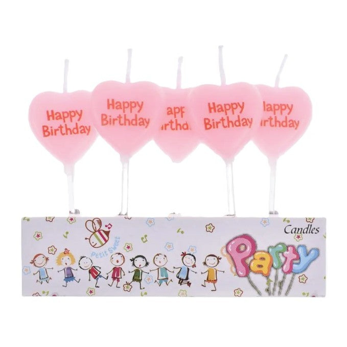 Set 5 Lumanari de Tort, Flippy, Model Inima, Text Happy Birthday, 2.5 x 2.5 cm, din Ceara, Multicolor