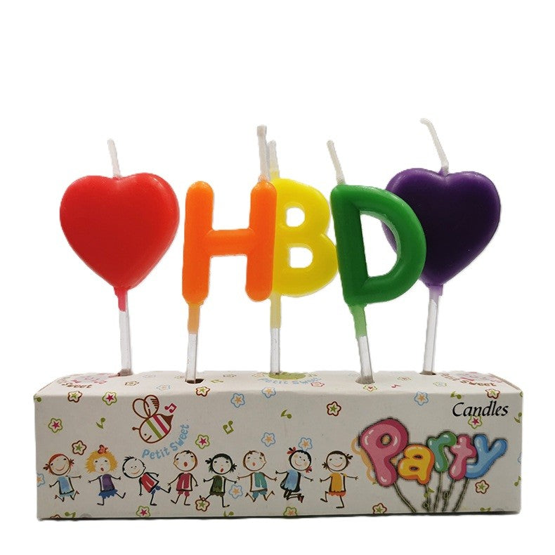Set 5 Lumanari de Tort, Flippy, Model Inimi, Litere HBD, 1.8 x 2.7 cm, din Ceara, Multicolor
