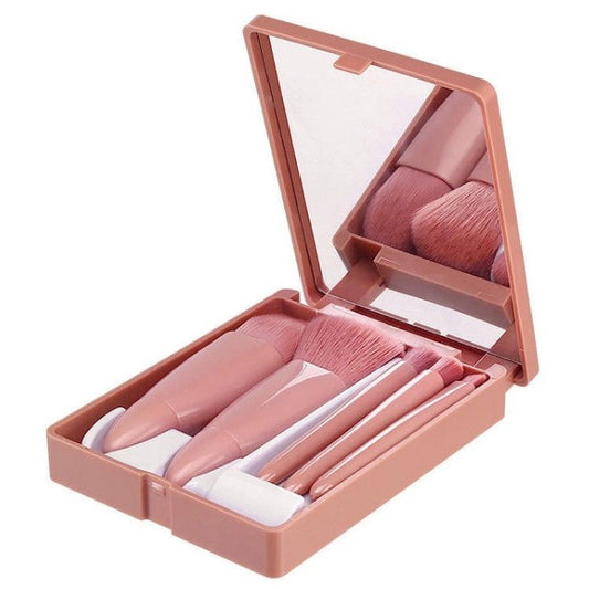 Set 5 Mini Pensule de Machiaj, Flippy, Portabile, in Carcasa cu Oglinda, din Par Sintetic Moale, Roz Pastel, 12x7x2.5 cm
