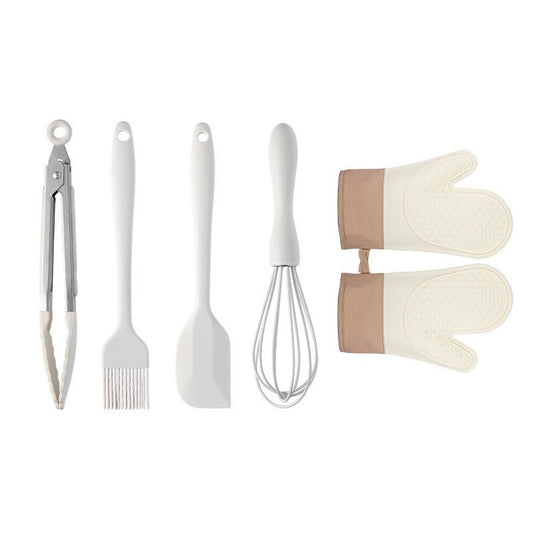 Set 5 Ustensile de Bucatarie, Flippy, din Silicon+Inox, Termorezistente, Antiaderente, 28 x 26 x 2 cm, Alb Maro