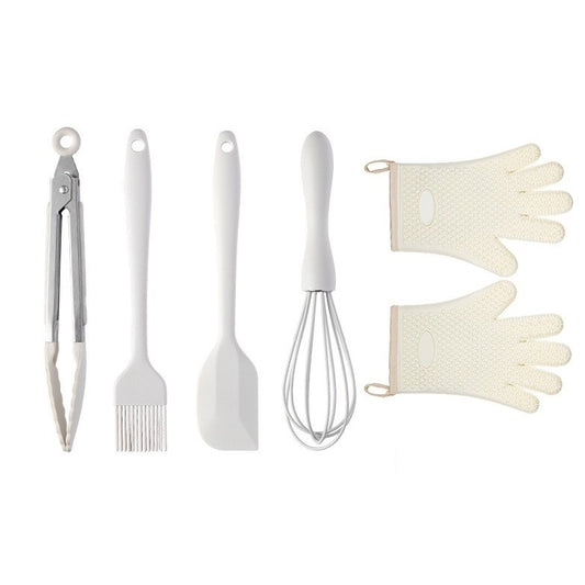 Set 5 Ustensile de Bucatarie, Flippy, din Silicon+Inox, Termorezistente, Antiaderente, 28 x 26 x 2 cm, Alb Ivory