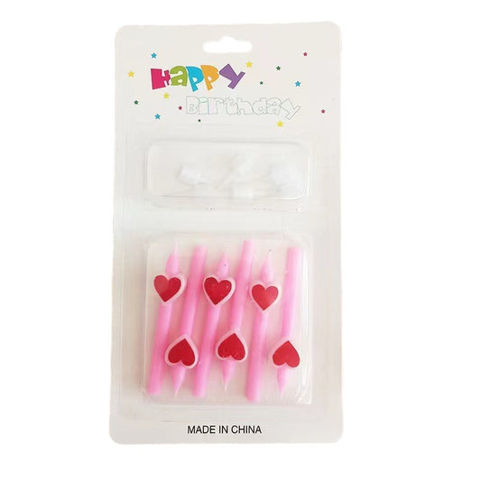 Set 6 Lumanari de Tort, Flippy, Model Creion cu Inimioare, 5.9 x 1.1 cm, din Ceara, Roz