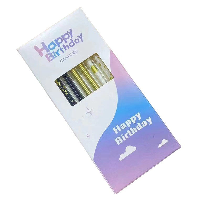Set 6 Lumanari Lungi, Flippy, din Parafina, 10 x 0.5 cm, Happy Birthday, Alb/Negru/Auriu