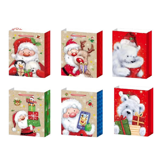 Set 6 Pungi Cadou, Flippy, Imprimeu Tematica Mos Craciun si Ursuleti, Model Random, din Hartie, Impachetare Usoara a Cadourilor, 18.5x22.5x8.5 cm, Multicolor