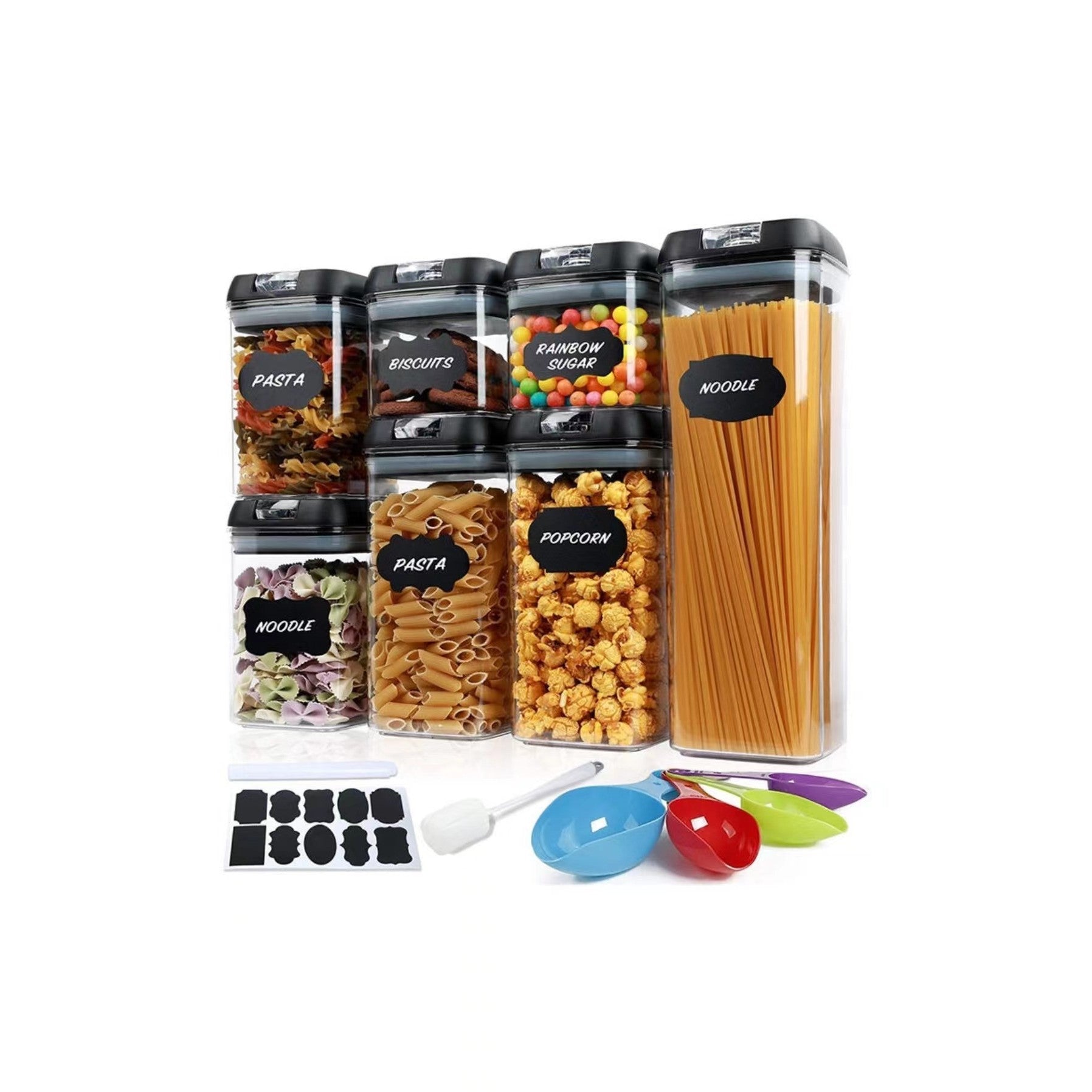 Set 7 Recipiente Organizare Alimente, Flippy, Inchidere Etansa, Etichete Reutilizabile, Cupe Masurare, 4 Dimensiuni Diferite, din Plastic Dur, Transparent