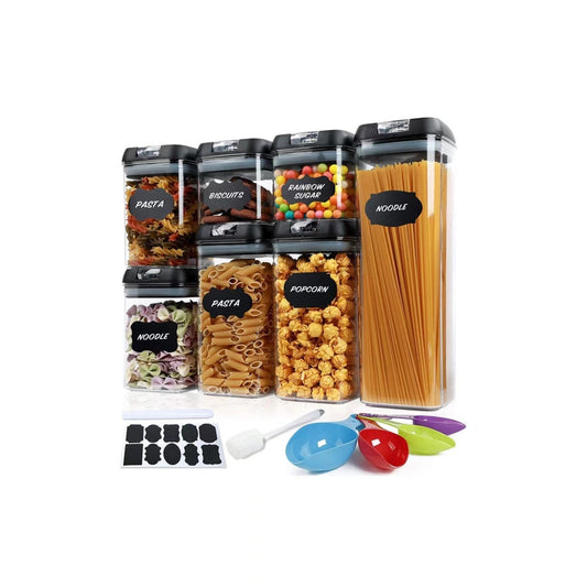 Set 7 Recipiente Organizare Alimente, Flippy, Inchidere Etansa, Etichete Reutilizabile, Cupe Masurare, 4 Dimensiuni Diferite, din Plastic Dur, Transparent