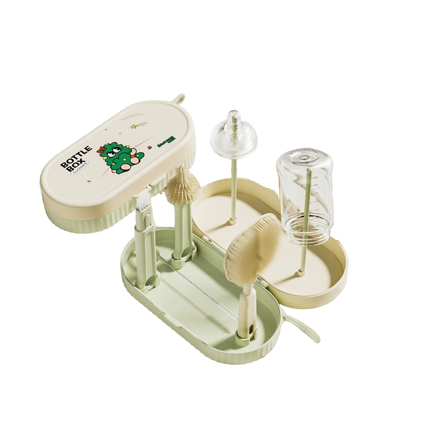 Set 7 Piese de Spalat/Uscat Biberoane, Flippy, Portabil, Peri de Silicon, pentru Tetine, Suzete, Biberoane, Paie, Cutie Inclusa, 20 x 9.5 cm, Verde