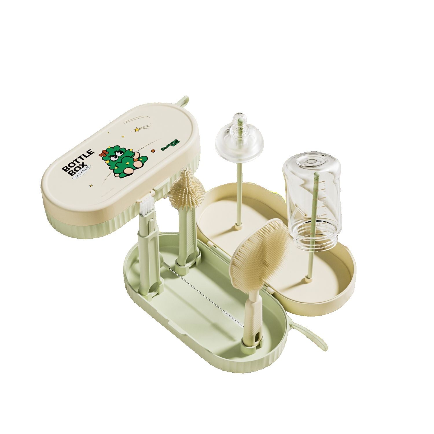 Set 7 Piese de Spalat/Uscat Biberoane, Flippy, Portabil, Peri de Silicon, pentru Tetine, Suzete, Biberoane, Paie, Cutie Inclusa, 20 x 9.5 cm, Verde